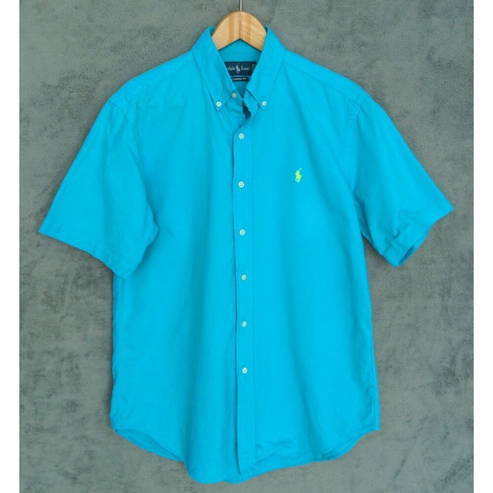 Vintage Ralph Lauren Button Down Shirt Men's M Bright Blue Aqua Embroidered Pony
